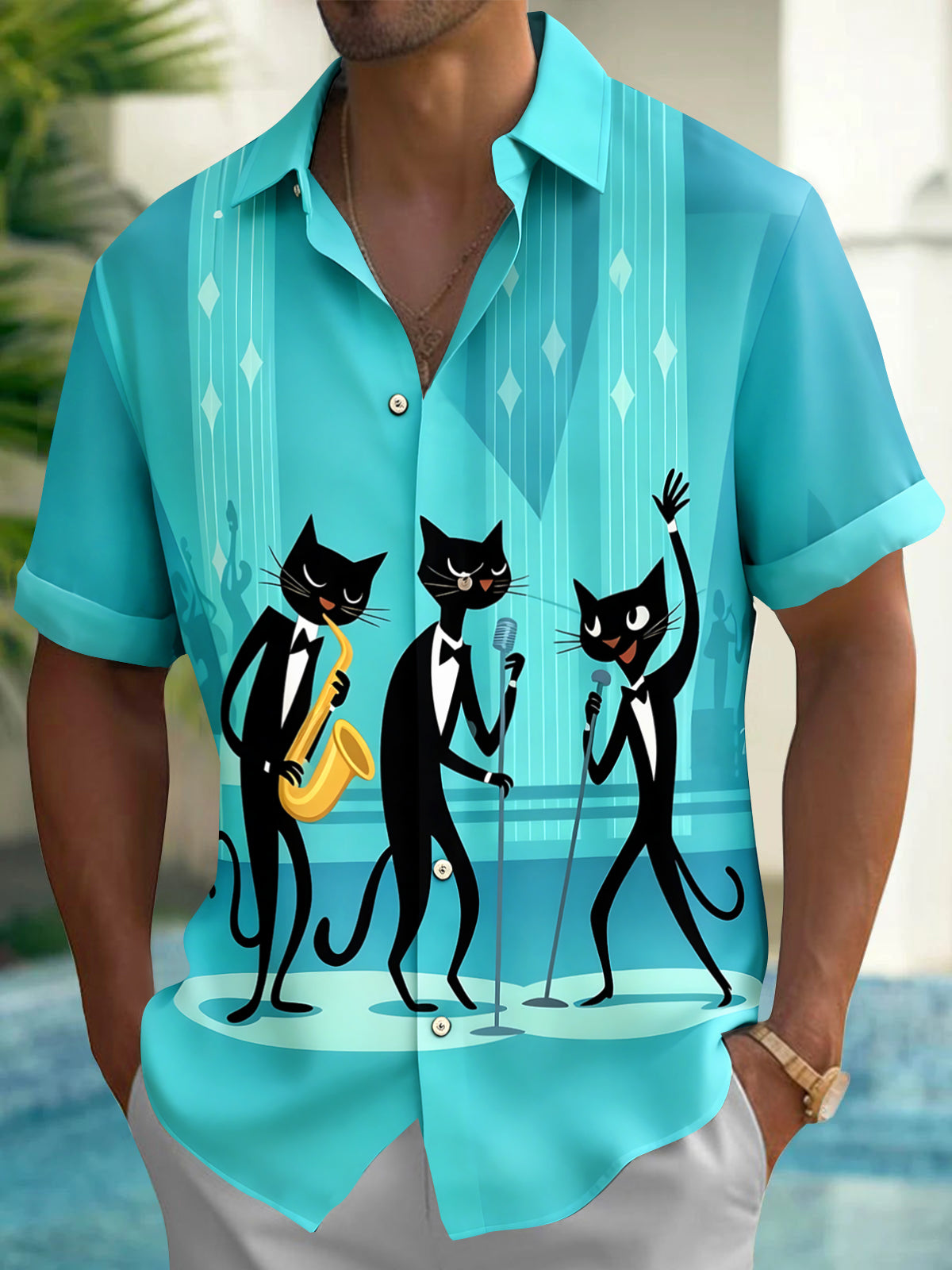 Cat Band Men's Pocket Short Sleeve Shirts