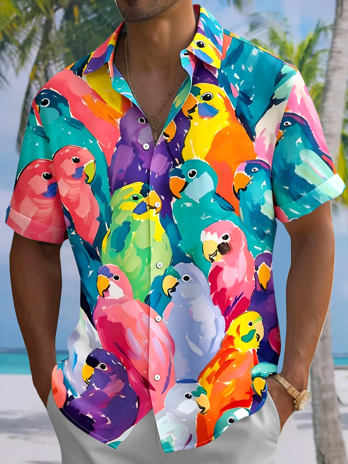 Colorful Bird Men's Pocket Short Sleeve Shirts
