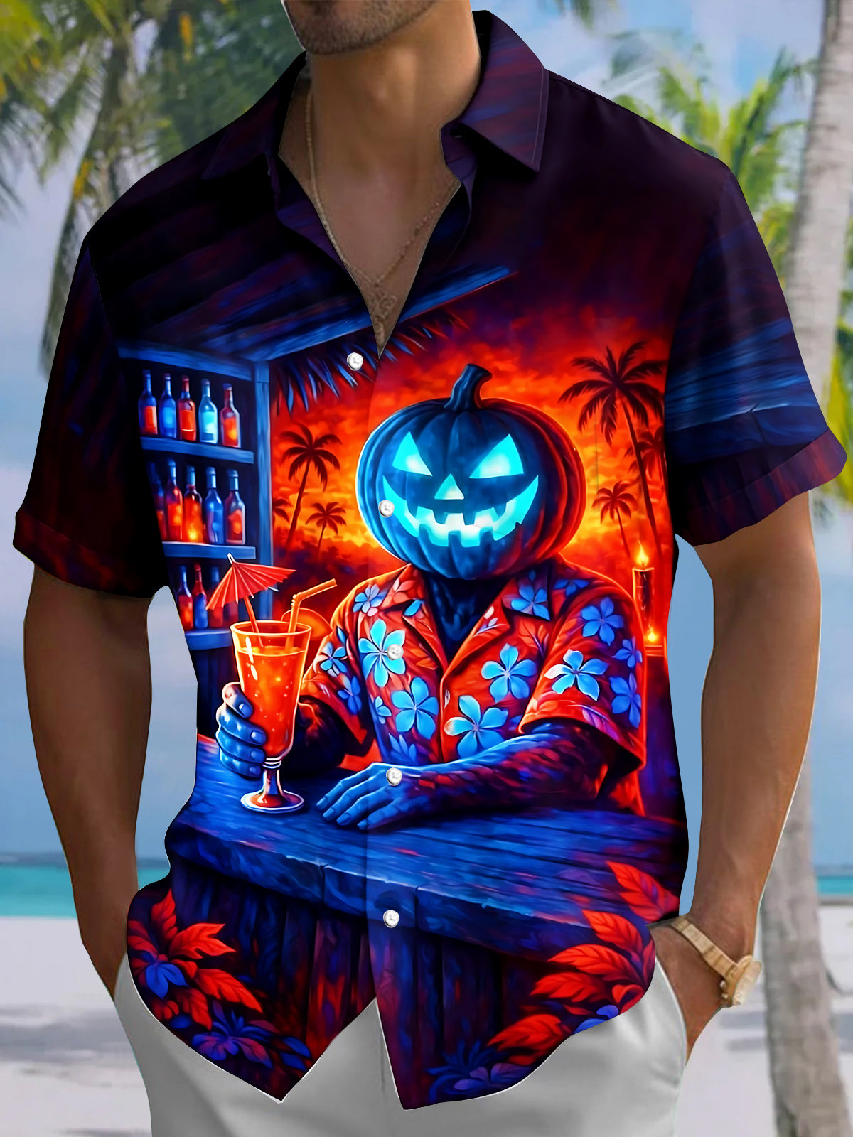 Halloween Pumpkin Cocktail Party Men's Pocket Short Sleeve Shirts
