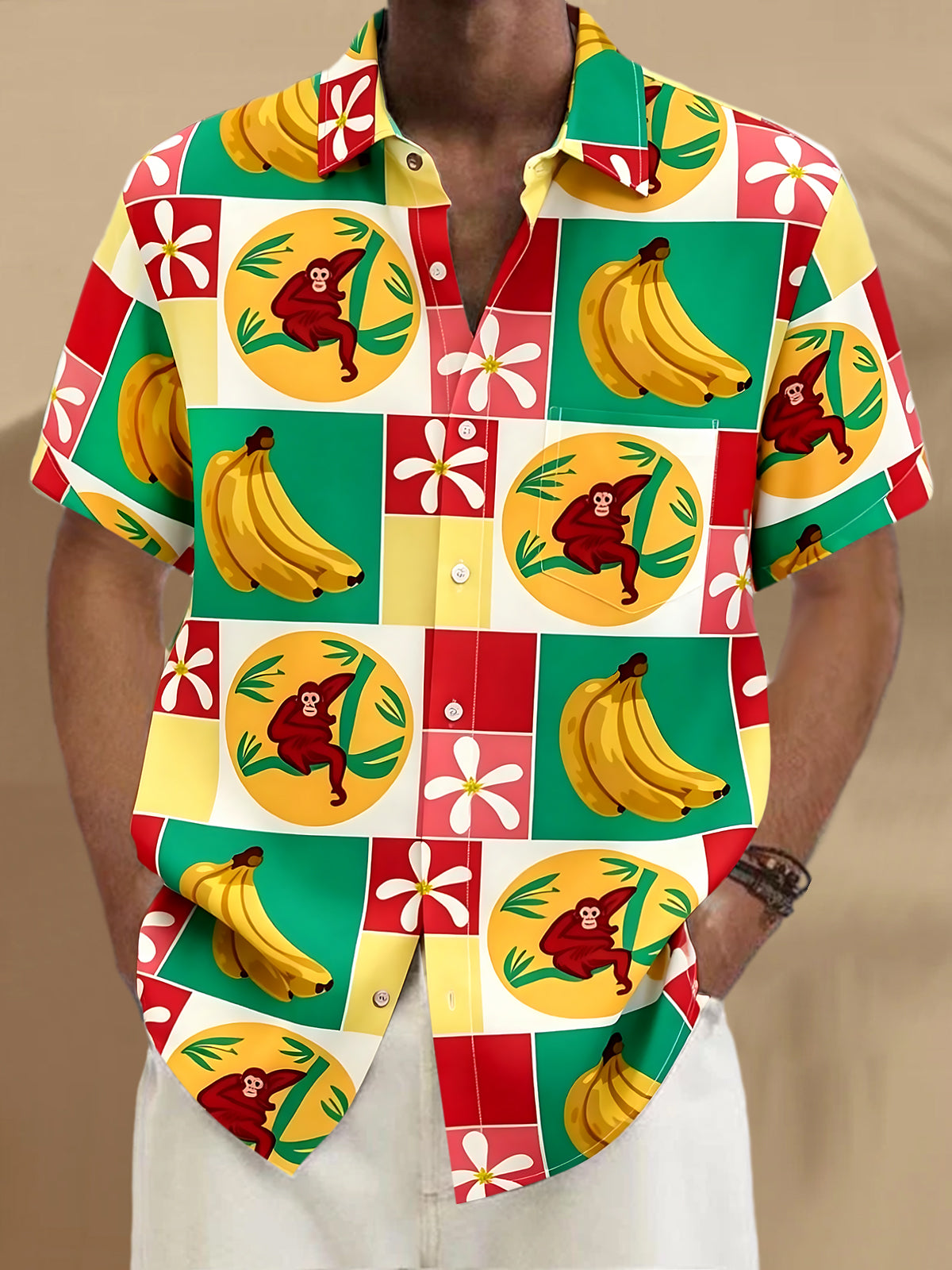 Hawaiian Banana Monkey Men's Pocket Short Sleeve Shirts
