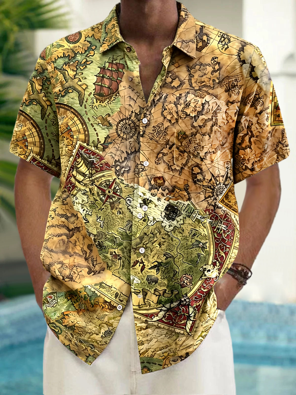 Vintage Map Men's Pocket Short Sleeve Shirts