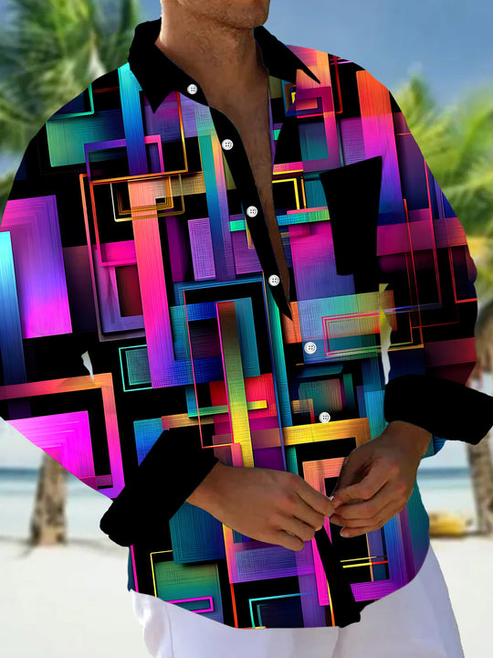 Colorful Geometry Men's Pocket Long Sleeve Shirts