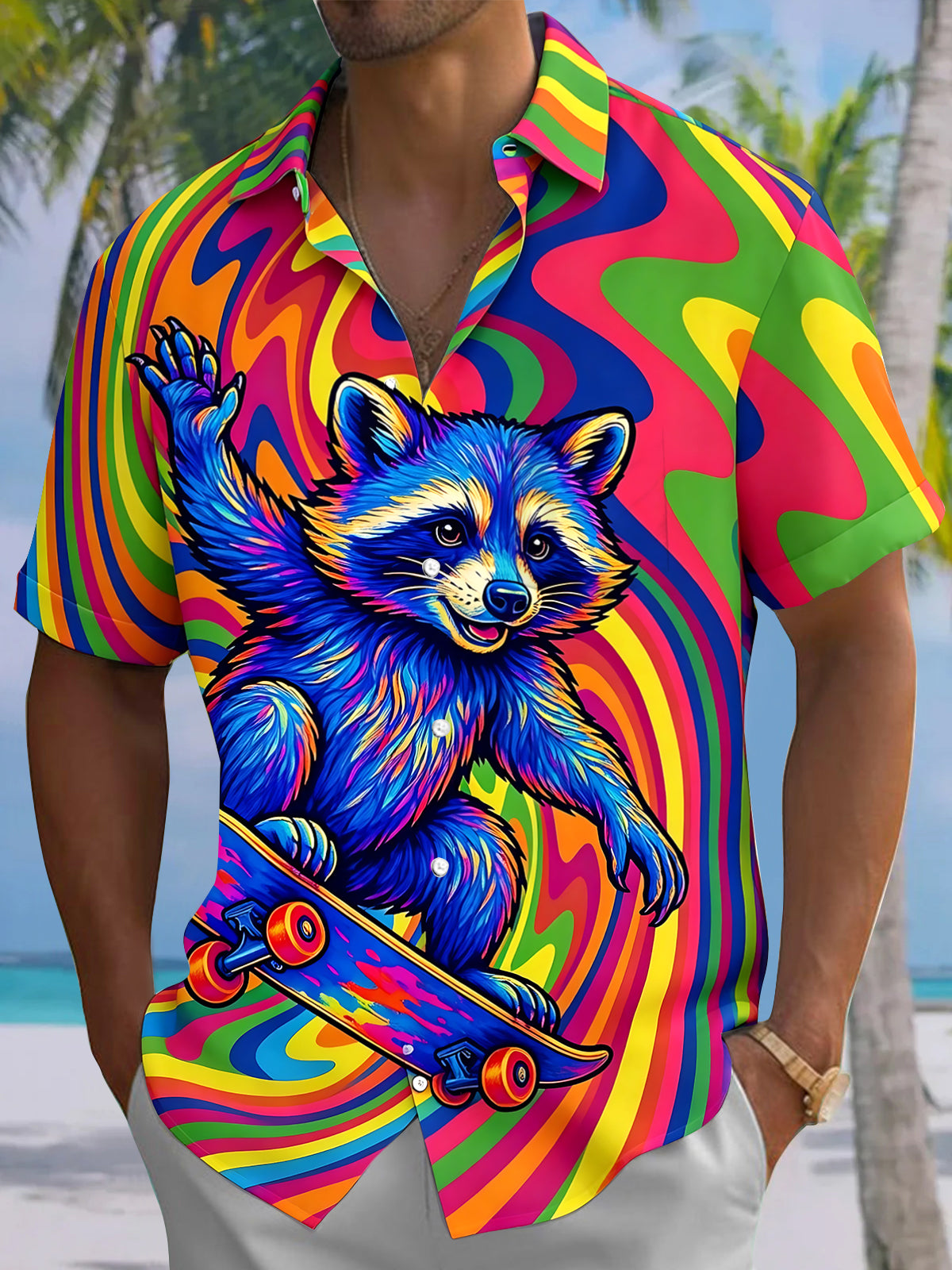 Colorful Raccoon Men's Pocket Short Sleeve Shirts