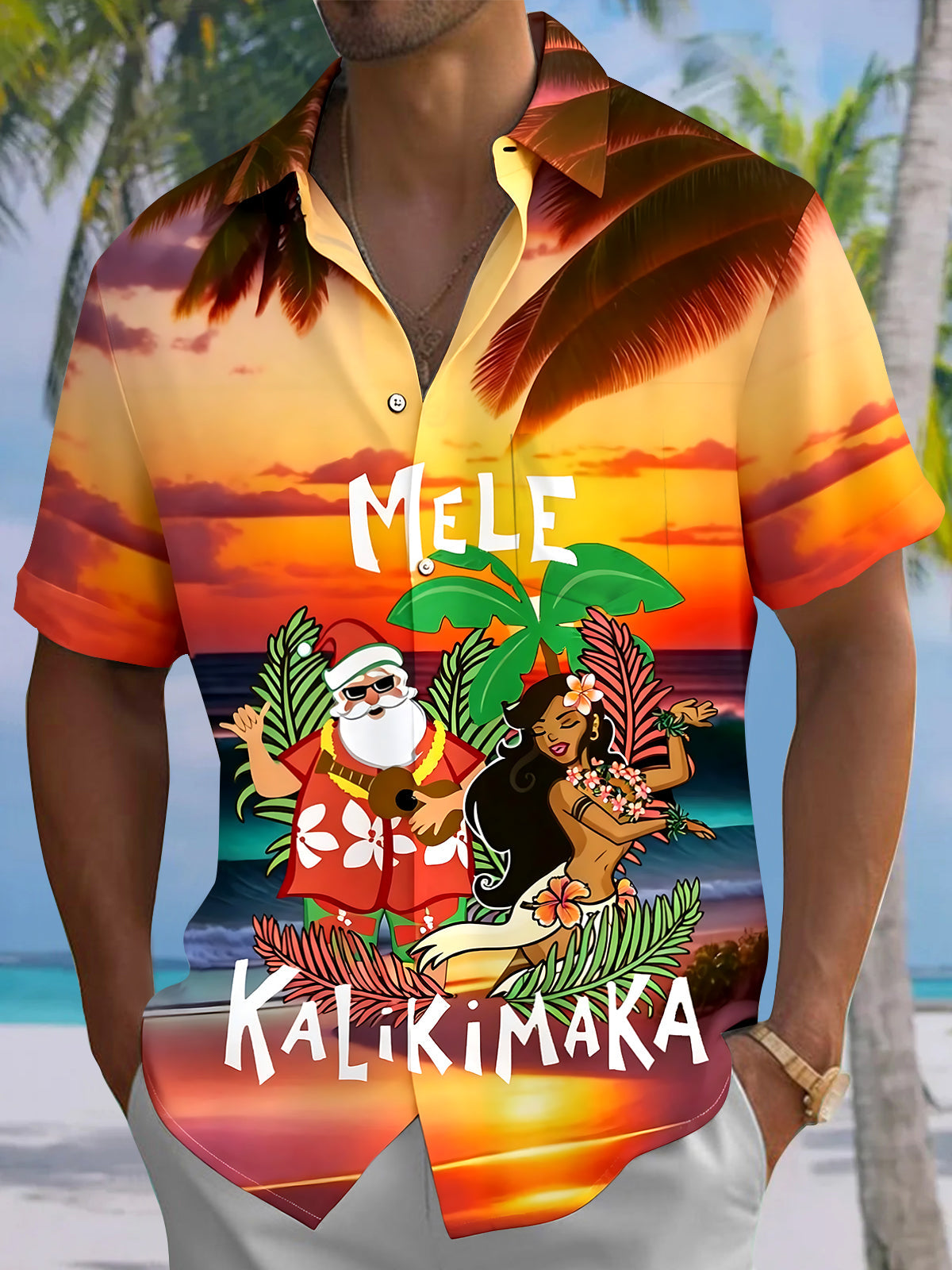 Hawaiian Tiki Santa Claus Men's Pocket Short Sleeve Shirts