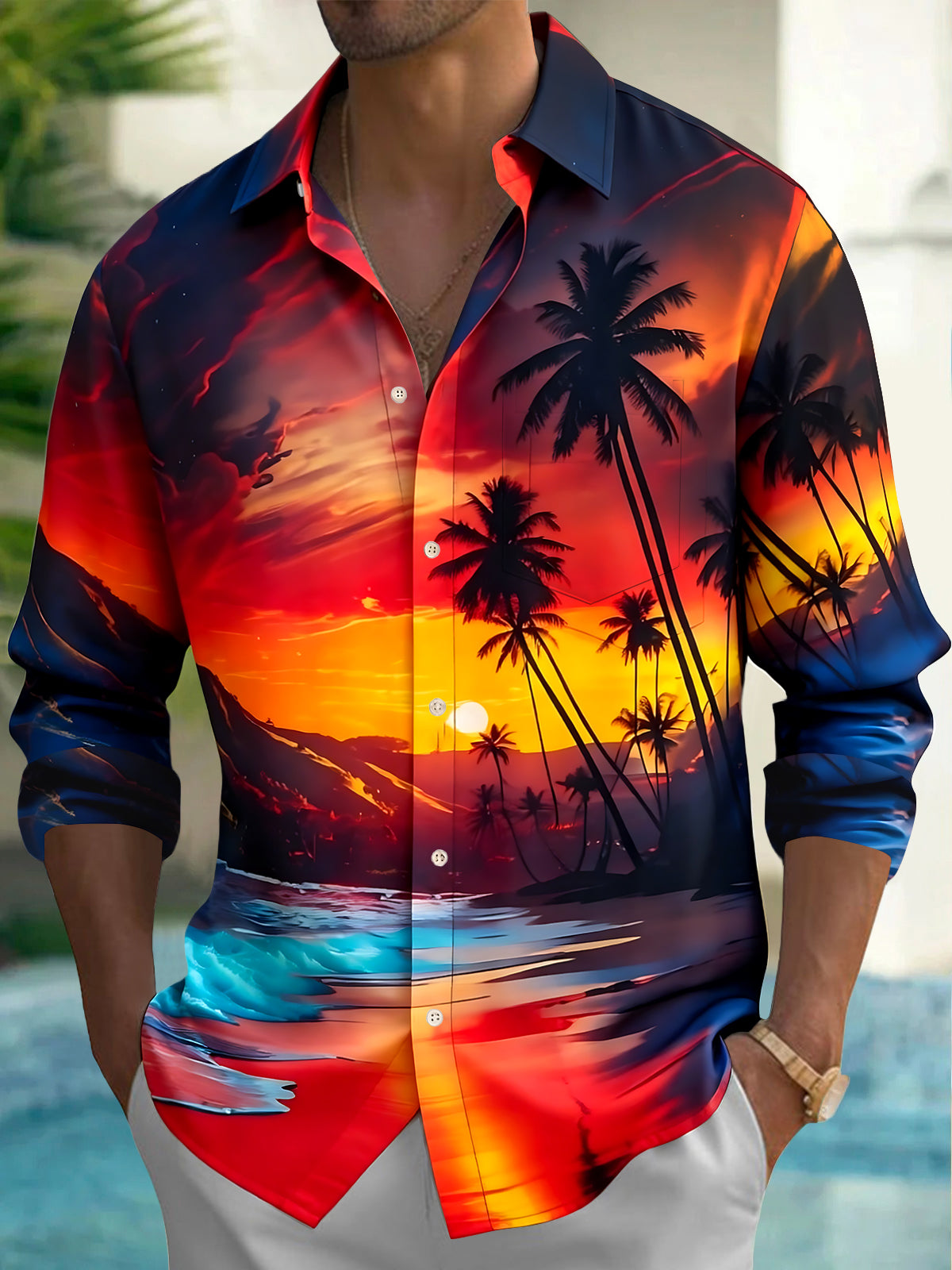 Hawaiian Coconut Tree Sunset Men's Pocket Long Sleeve Shirts
