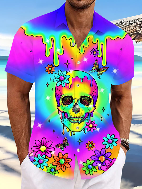 Colorful Skull Men's Pocket Short Sleeve Shirts