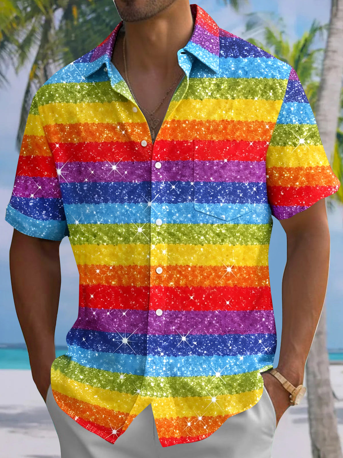 Colorful Stripes Men's Pocket Short Sleeve Shirts