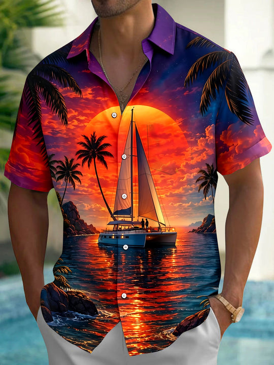 Hawaiian Sunset Sailing Boat Men's Pocket Short Sleeve Shirts