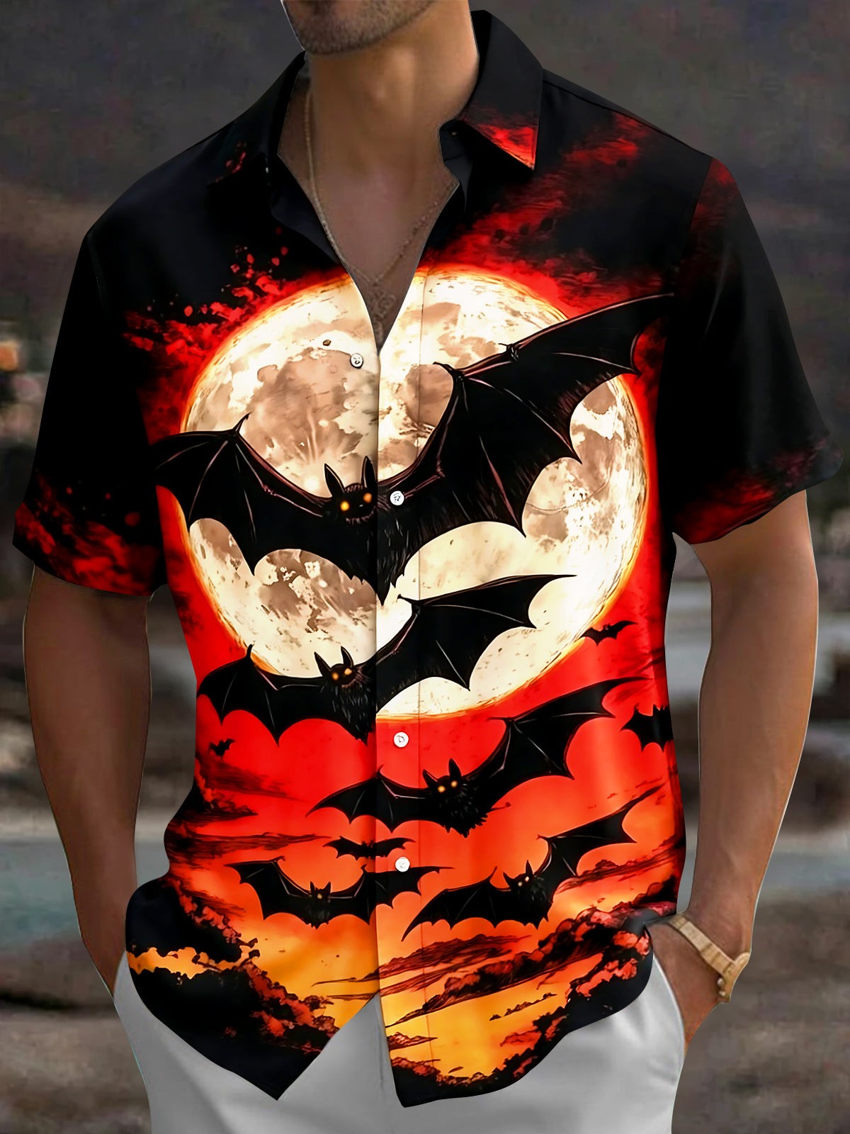 Halloween Bat Moon Men's Pocket Short Sleeve Shirts