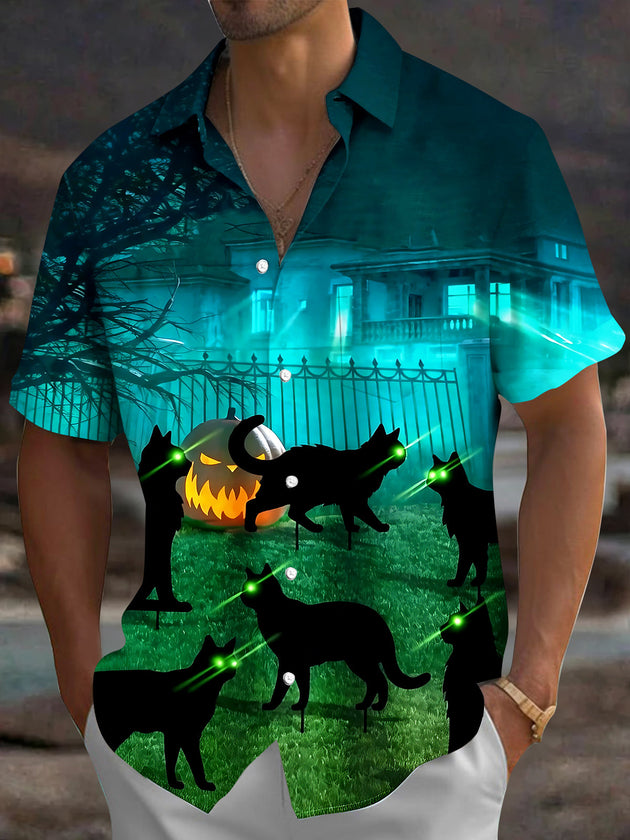 Halloween Cat Pumpkin Men's Pocket Short Sleeve Shirts