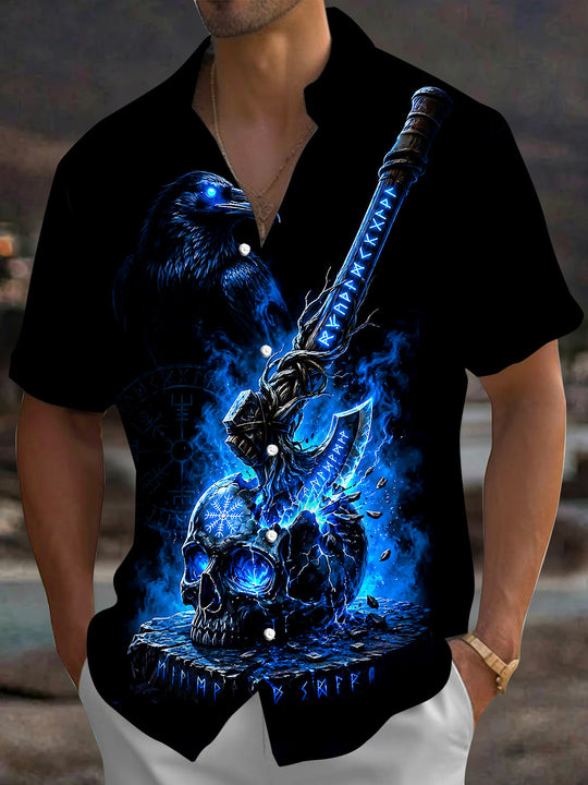 Dark Viking Skull Crow Axe Men's Pocket Short Sleeve Shirts