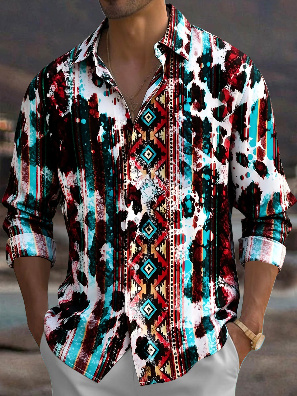 Western Geometry Men's Pocket Long Sleeve Shirts