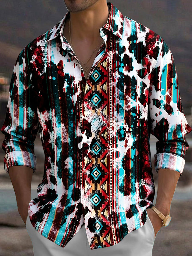 Western Geometry Men's Pocket Long Sleeve Shirts