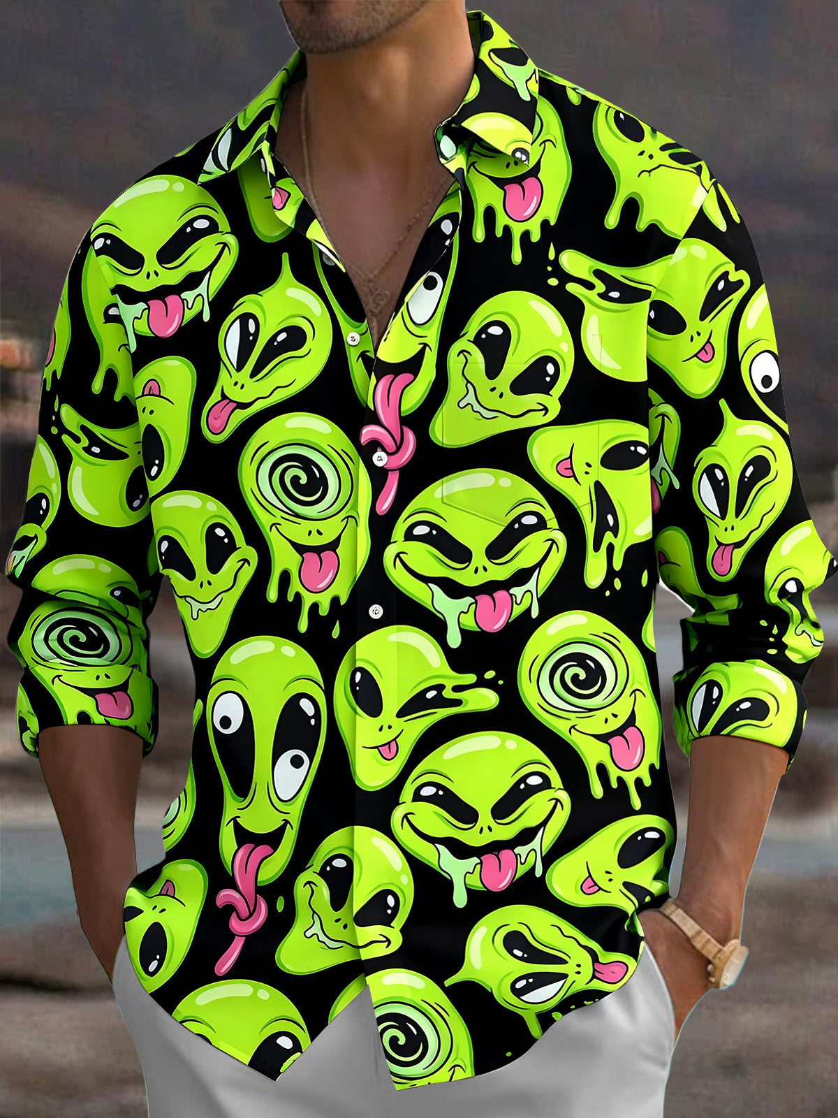 Funny Alien Men's Pocket Long Sleeve Shirts