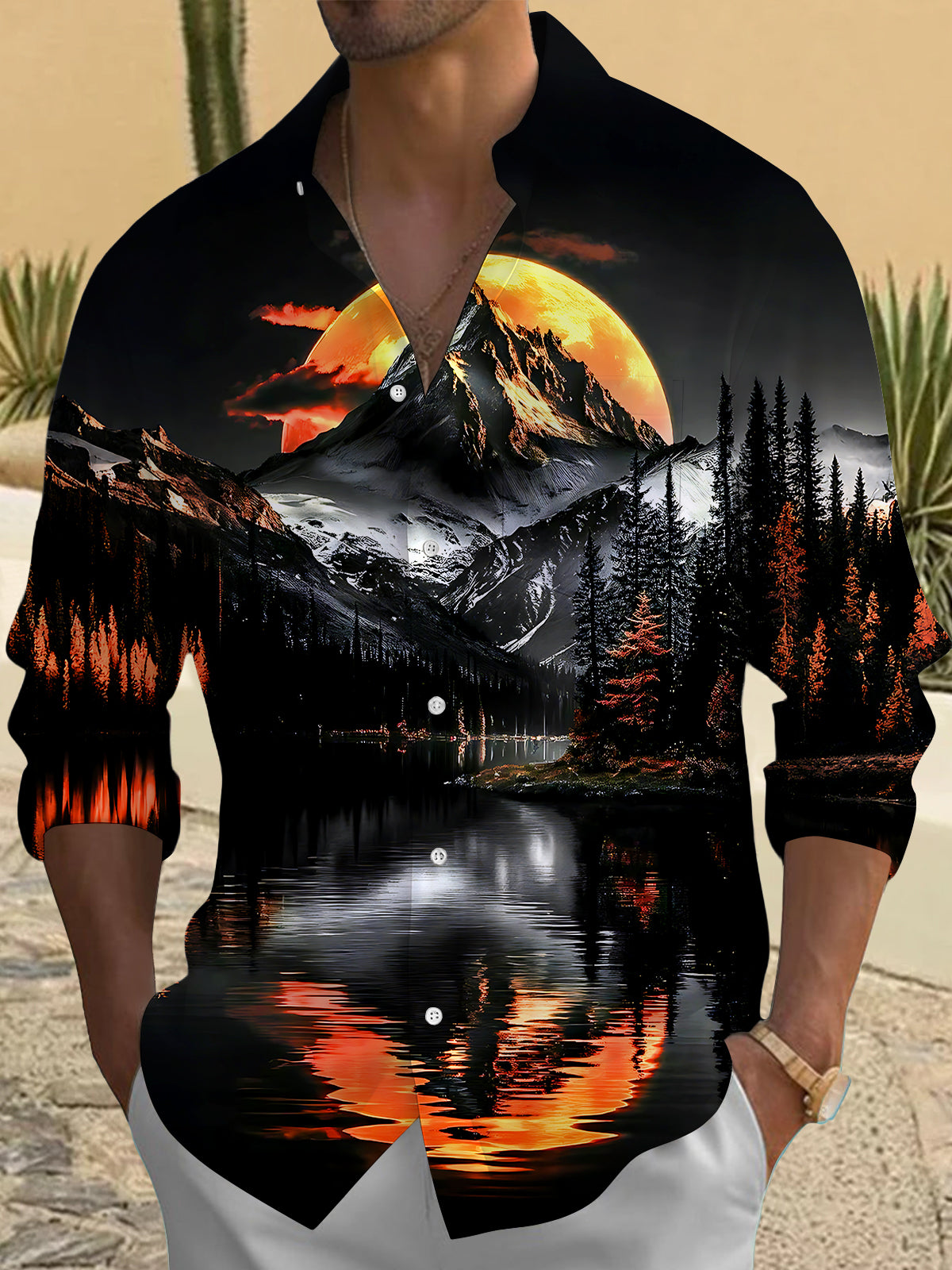 Autumn Mountain Sunset Men's Pocket Long Sleeve Shirts