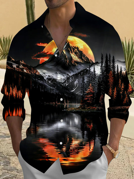 Autumn Mountain Sunset Men's Pocket Long Sleeve Shirts