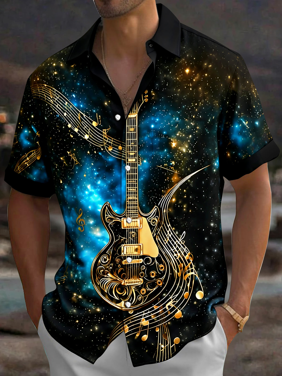 Guitar Musical Note Men's Pocket Short Sleeve Shirts