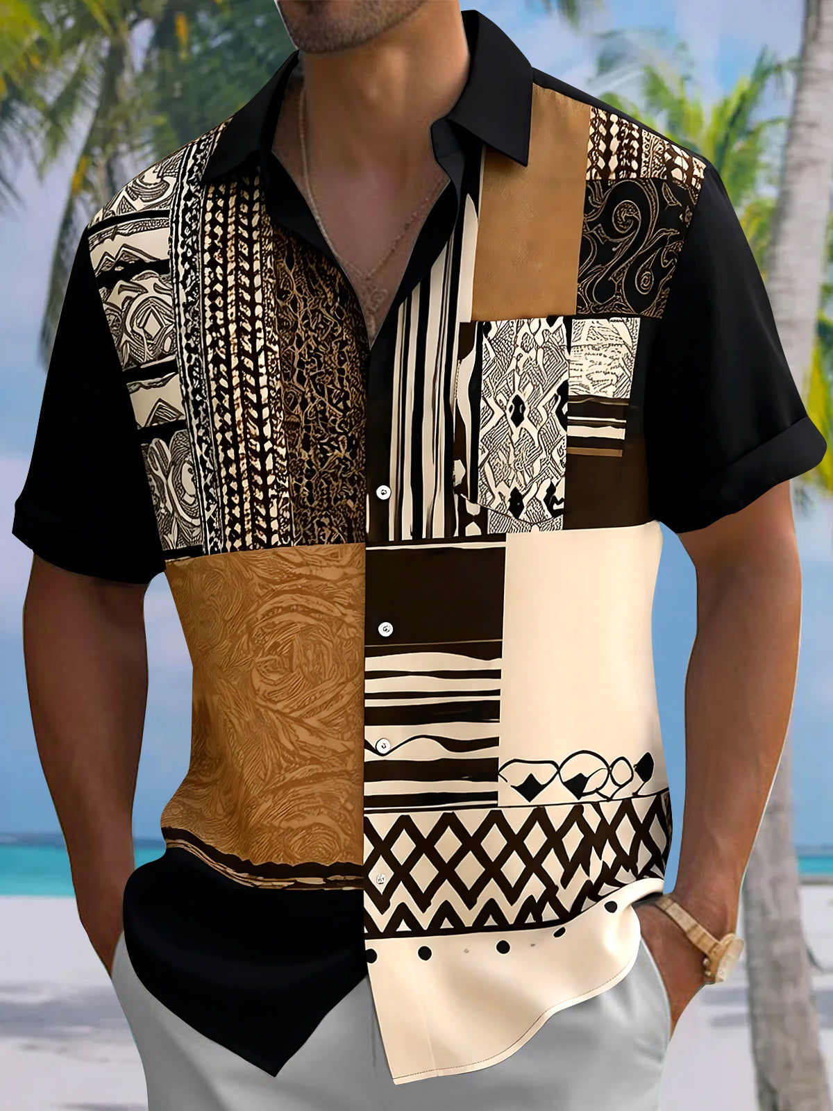 Vintage Geometry Men's Pocket Short Sleeve Shirts