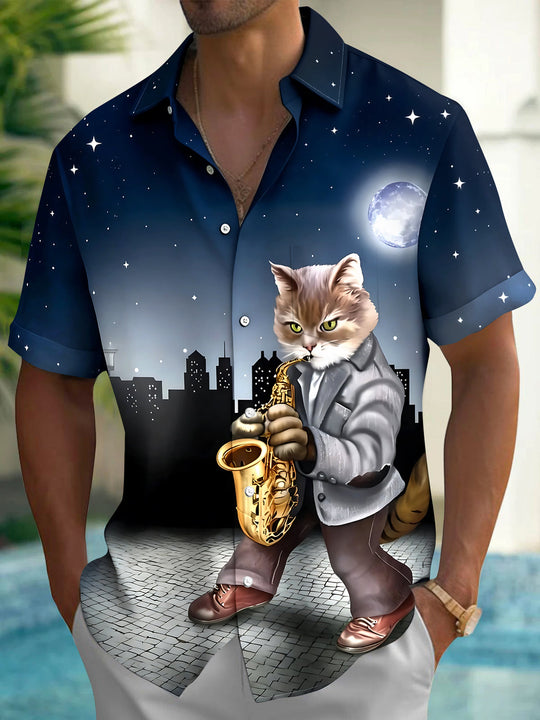 Cat Saxophone Men's Pocket Short Sleeve Shirts