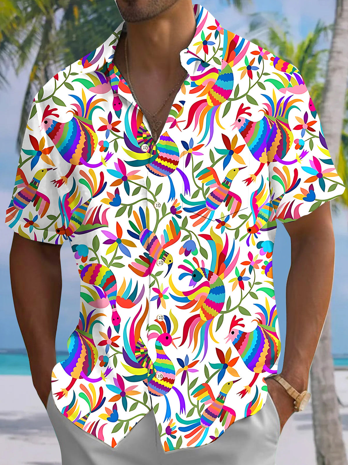 Bird Floral Men's Pocket Short Sleeve Shirts