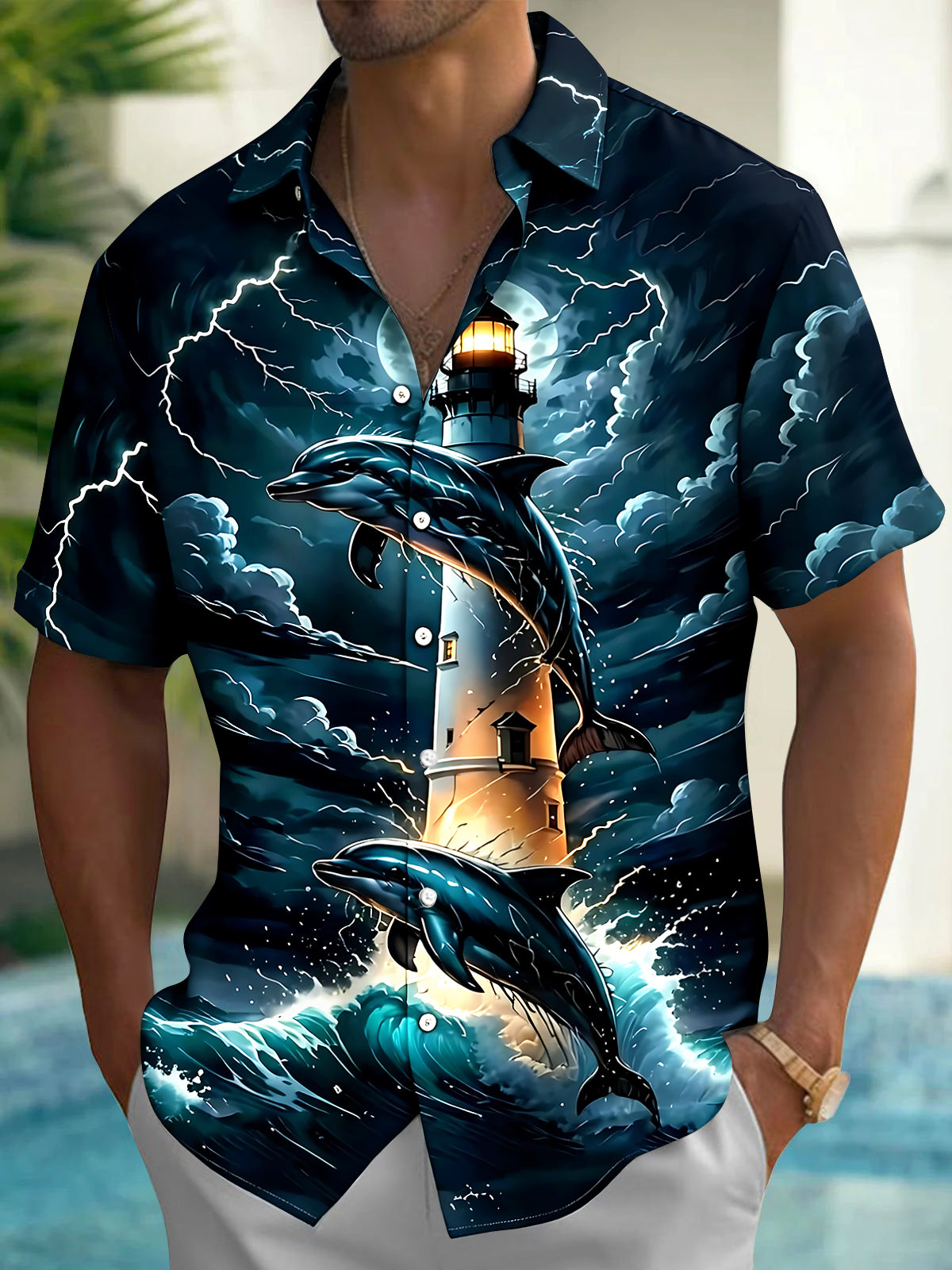 Hawaiian Lighthouse Dolphin Men's Pocket Short Sleeve Shirts