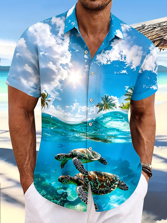 Hawaiian Sea Turtle Men's Pocket Short Sleeve Shirts