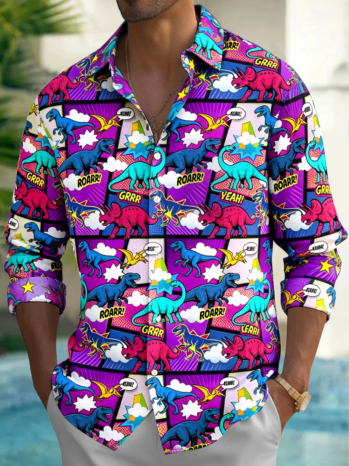 Cartoon Dinosaur Men's Pocket Long Sleeve Shirts