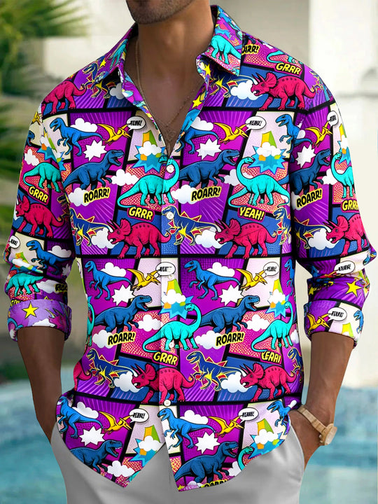 Cartoon Dinosaur Men's Pocket Long Sleeve Shirts