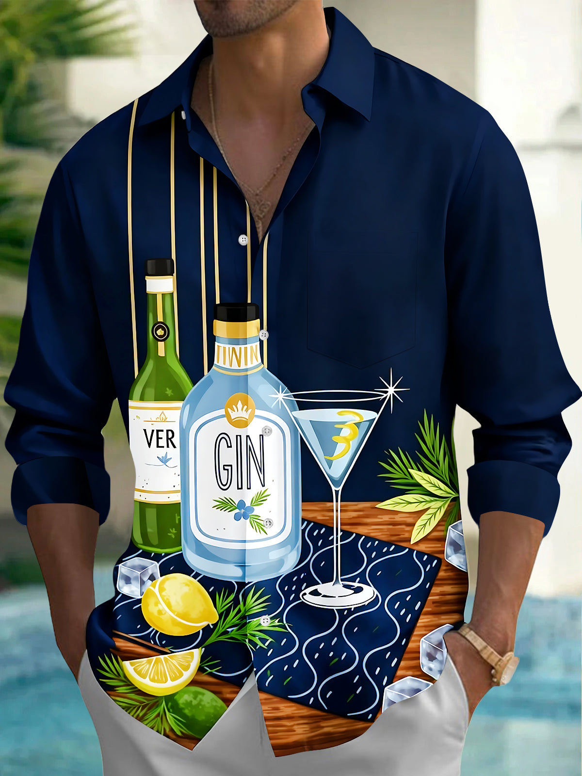 Wine Glass Men's Pocket Long Sleeve Shirts