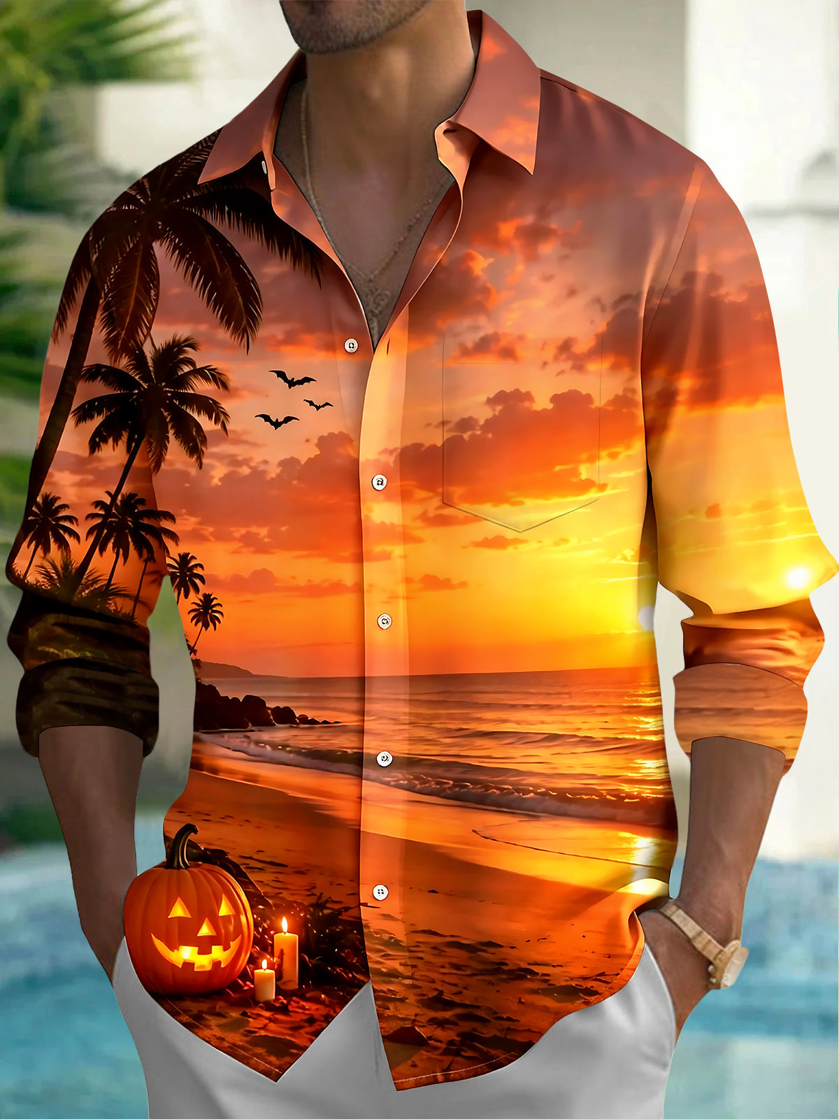 Halloween Pumpkin Sunset Men's Pocket Long Sleeve Shirts