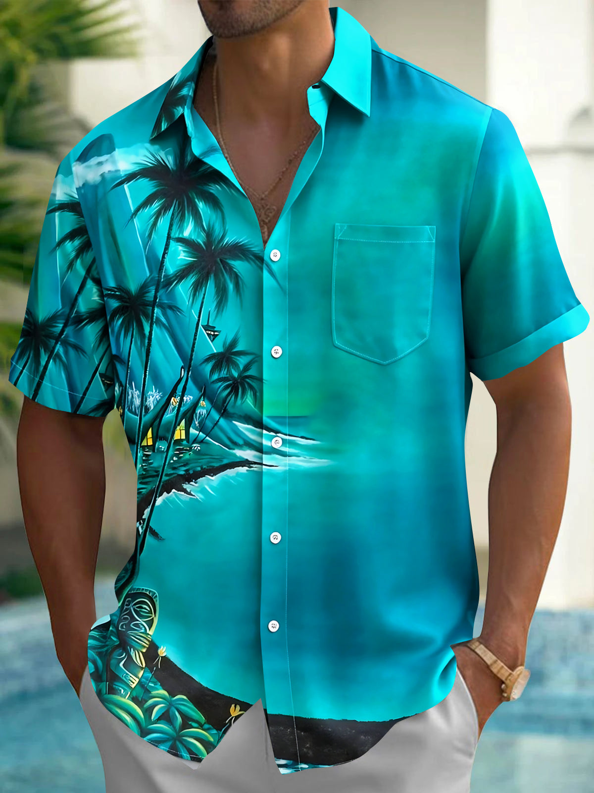 Hawaiian Coconut Tree Tiki Men's Pocket Short Sleeve Shirts