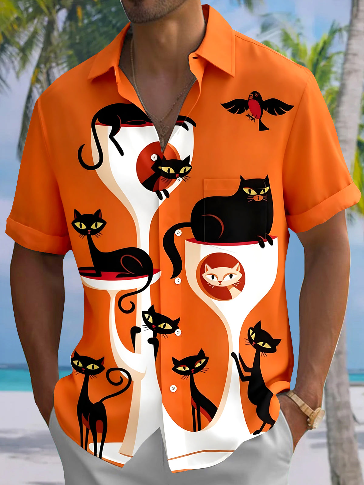 Halloween Cat Men's Pocket Short Sleeve Shirts