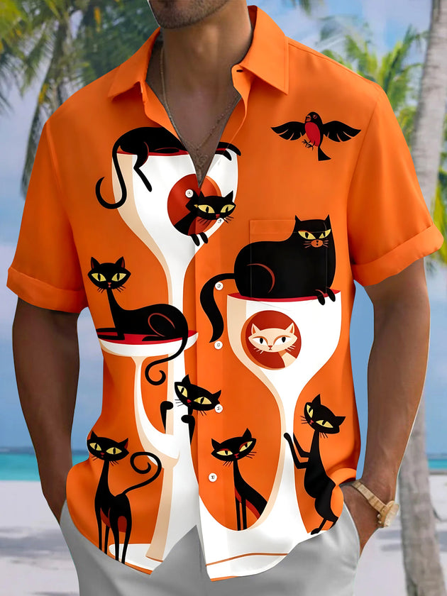 Halloween Cat Men's Pocket Short Sleeve Shirts