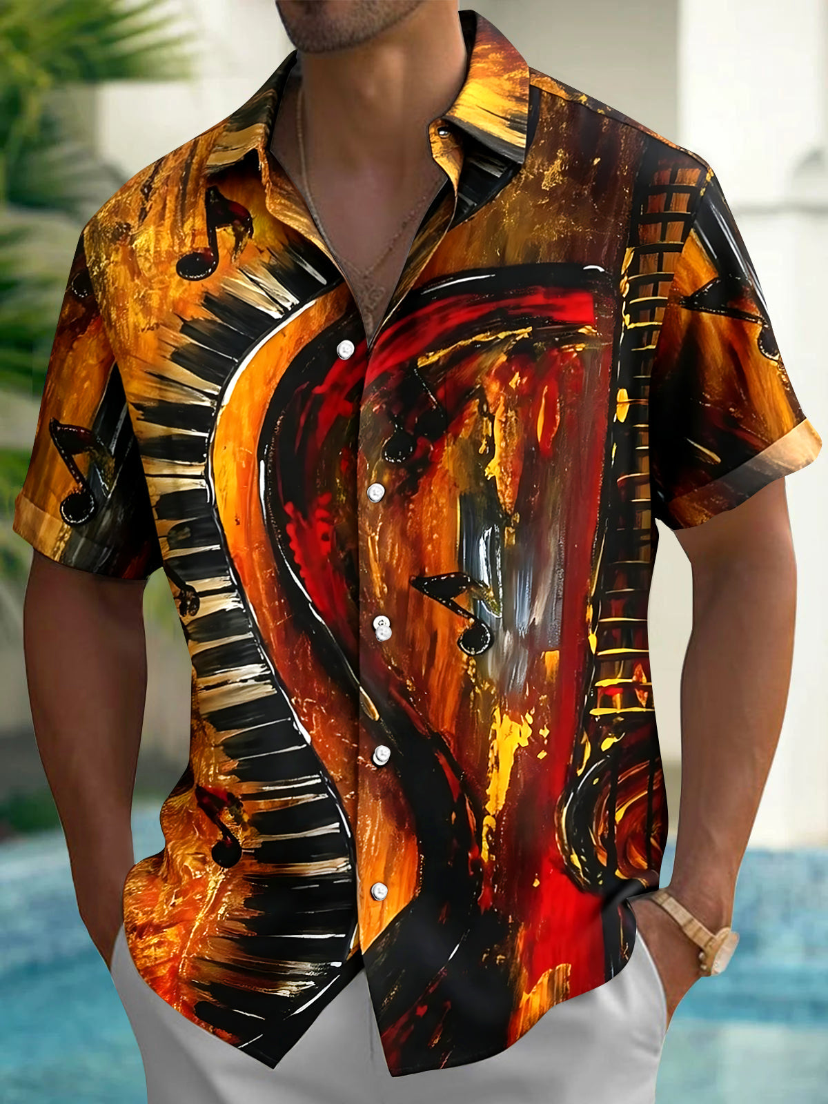 Adaychic Men's Abstract Musical Instrument Graphic Print Short Sleeve Button Down Shirt with Chest Pocket