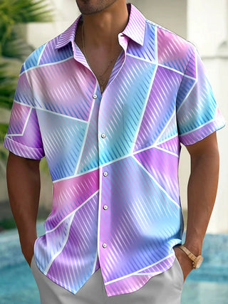 Adaychic Men's Abstract Geometric Gradient Line Print Short Sleeve Button Down Shirt with Chest Pocket
