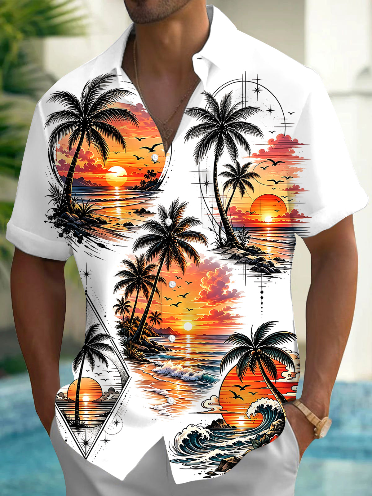 Hawaiian Coconut Tree Sunset Men's Pocket Short Sleeve Shirts