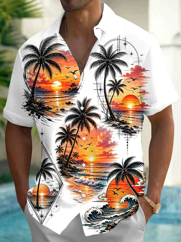 Hawaiian Coconut Tree Sunset Men's Pocket Short Sleeve Shirts