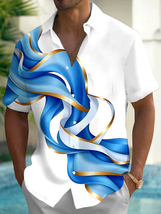 Adaychic Men's Graphic 3D Blue Gold Ribbon Wave Print Short Sleeve Shirt with Chest Pocket