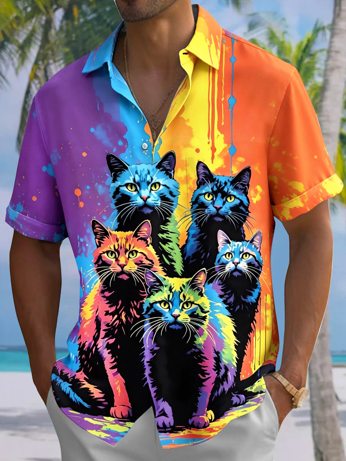 Tie Dye Cat Men's Pocket Short Sleeve Shirts