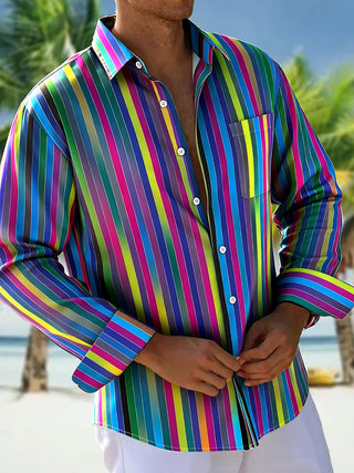Adaychic Men's Geometric Vertical Stripe Print Long Sleeve Button Down Shirt with Chest Pocket