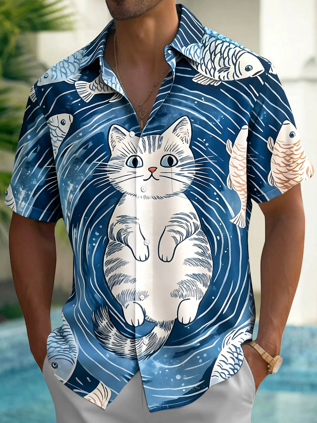 Hawaiian Cat Fish Men's Pocket Short Sleeve Shirts