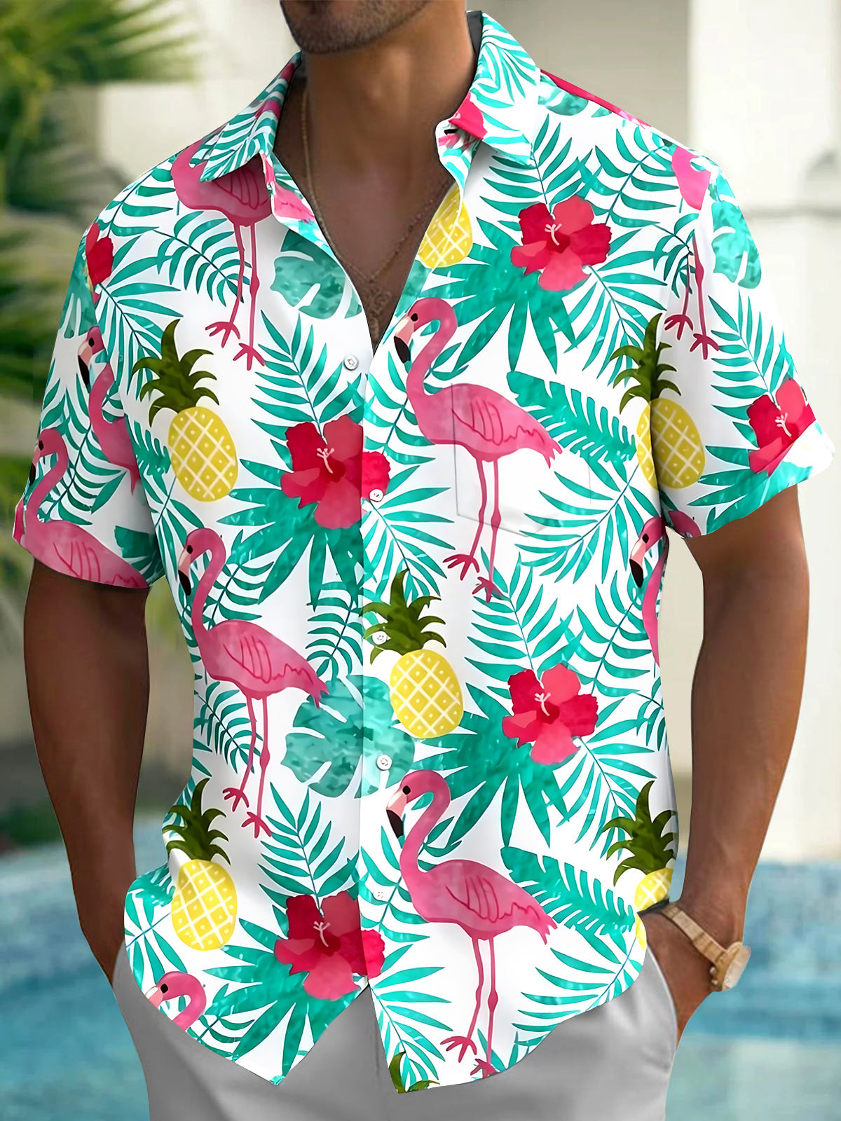 Hawaiian Flamingo Pineapple Floral Men's Pocket Short Sleeve Shirts