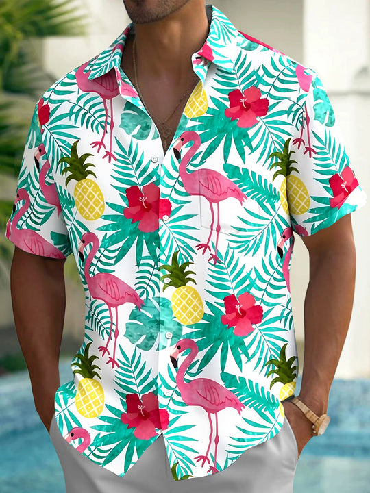 Hawaiian Flamingo Pineapple Floral Men's Pocket Short Sleeve Shirts