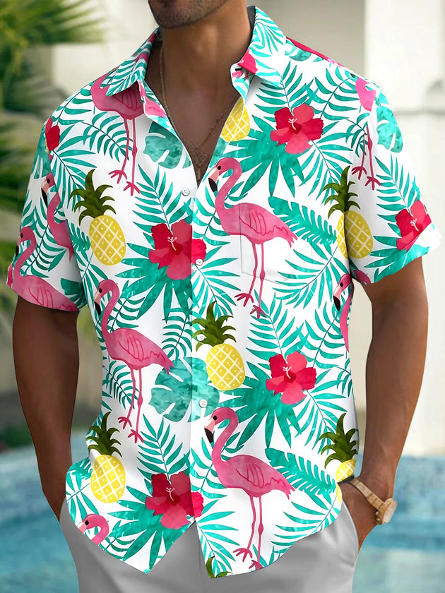 Hawaiian Flamingo Pineapple Floral Men's Pocket Short Sleeve Shirts
