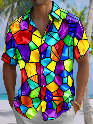 Adaychic Men's Geometric Stained Glass Mosaic Print Short Sleeve Button Down Shirt with Chest Pocket