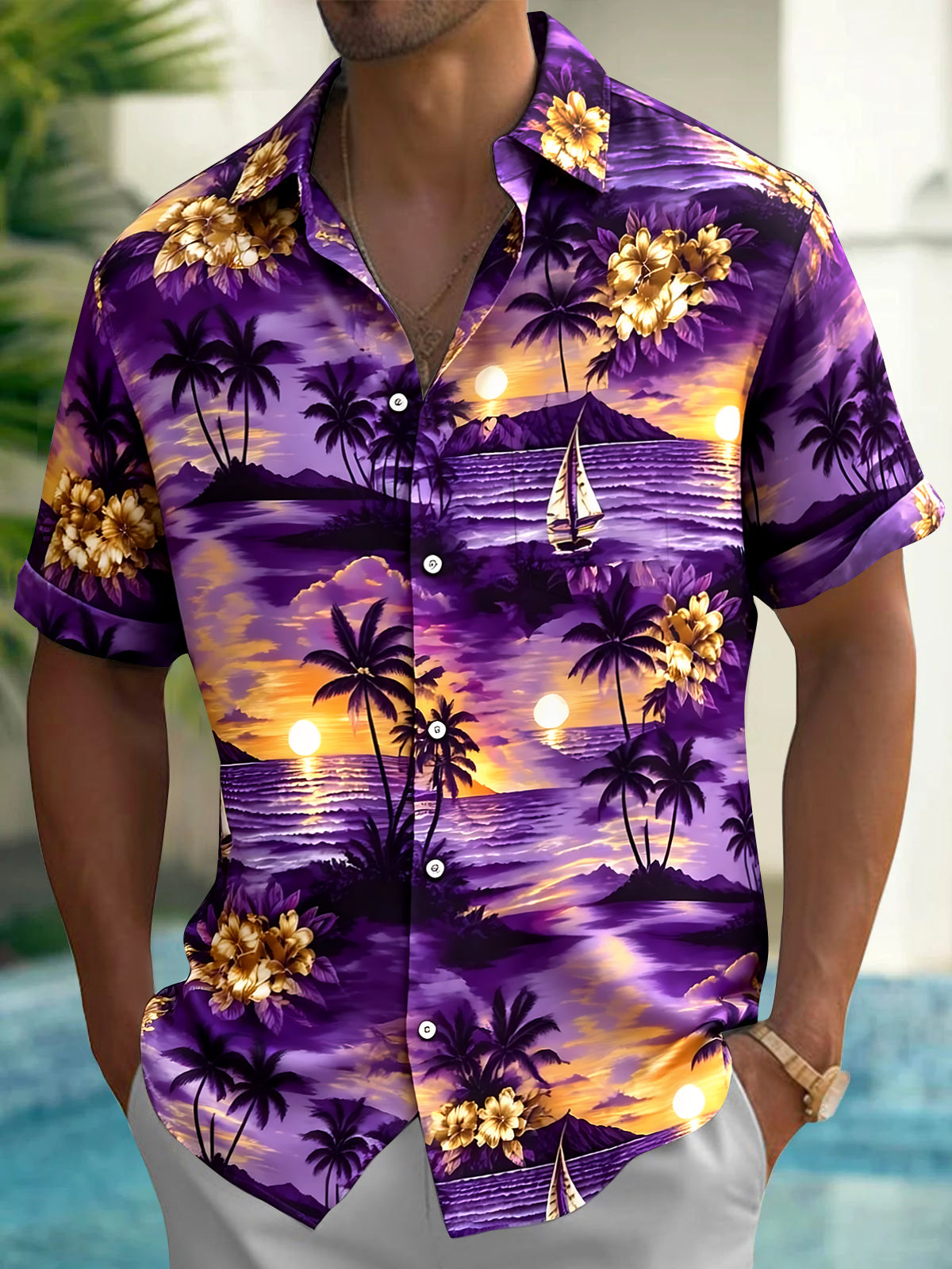 Hawaiian Coconut Tree Sunset Boat Men's Pocket Short Sleeve Shirts