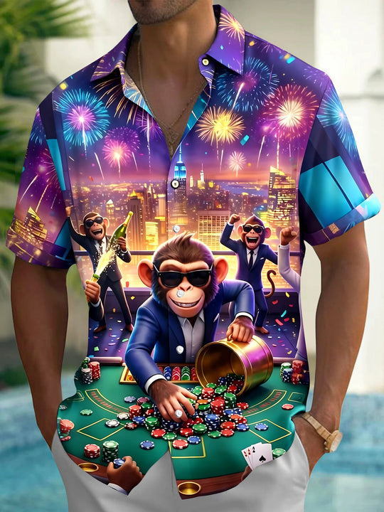 Funny Monkey Casino Men's Pocket Short Sleeve Shirts