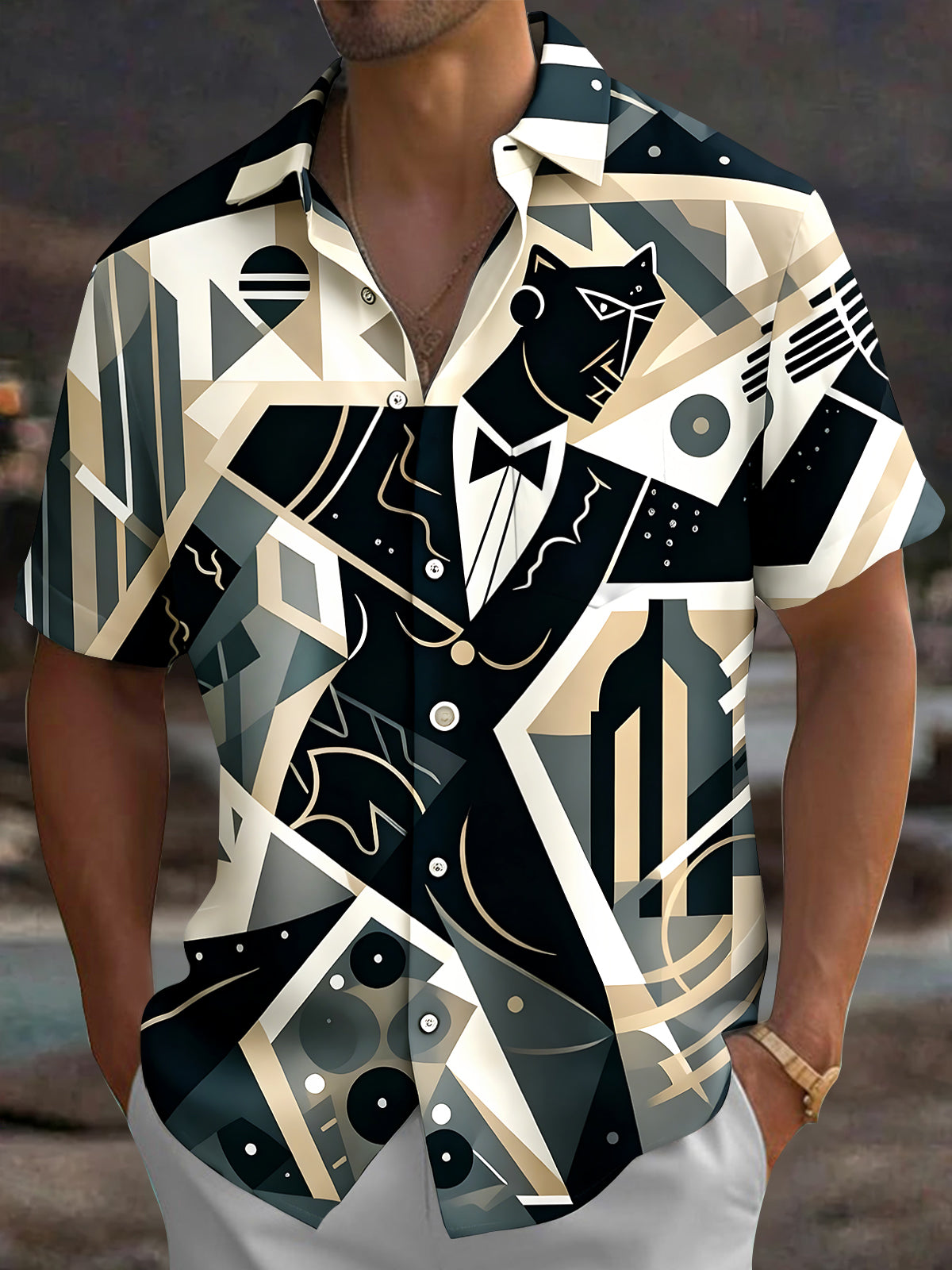 Vintage Geometry Cat Gentleman Men's Pocket Short Sleeve Shirts