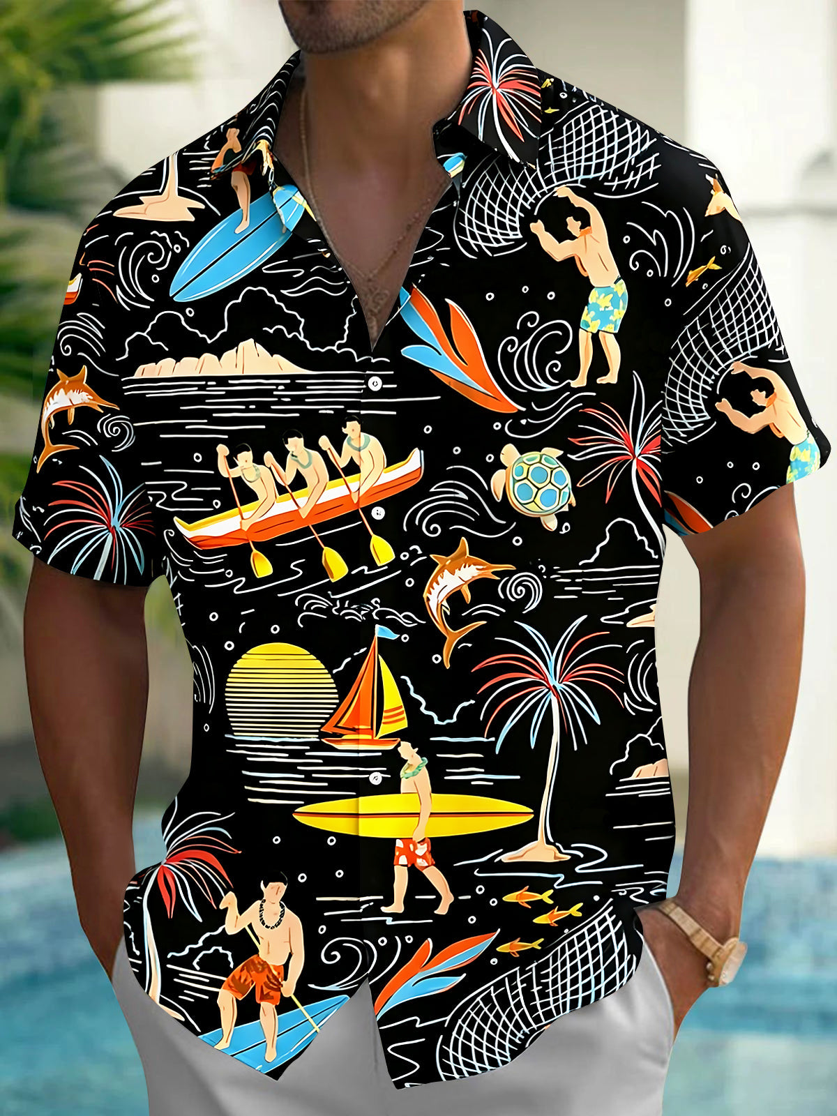 Hawaiian Surfing Boating Men's Pocket Short Sleeve Shirts