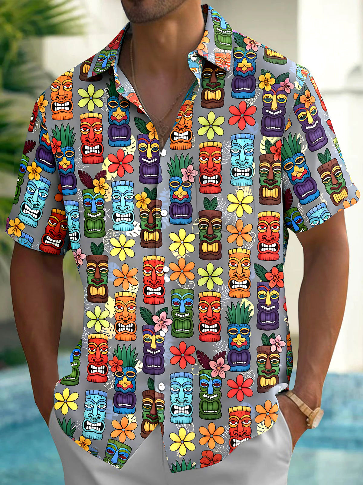 Hawaiian Tiki Floral Men's Pocket Short Sleeve Shirts
